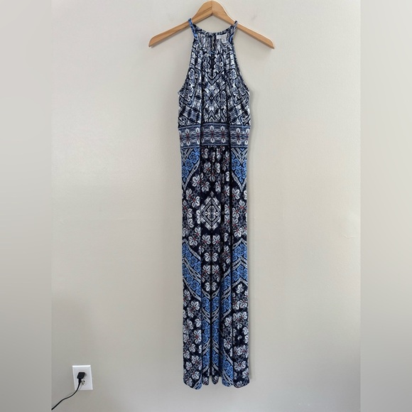 London Style Blue White Sleeveless Grecian Maxi Formal Party Dress - Picture 2 of 9